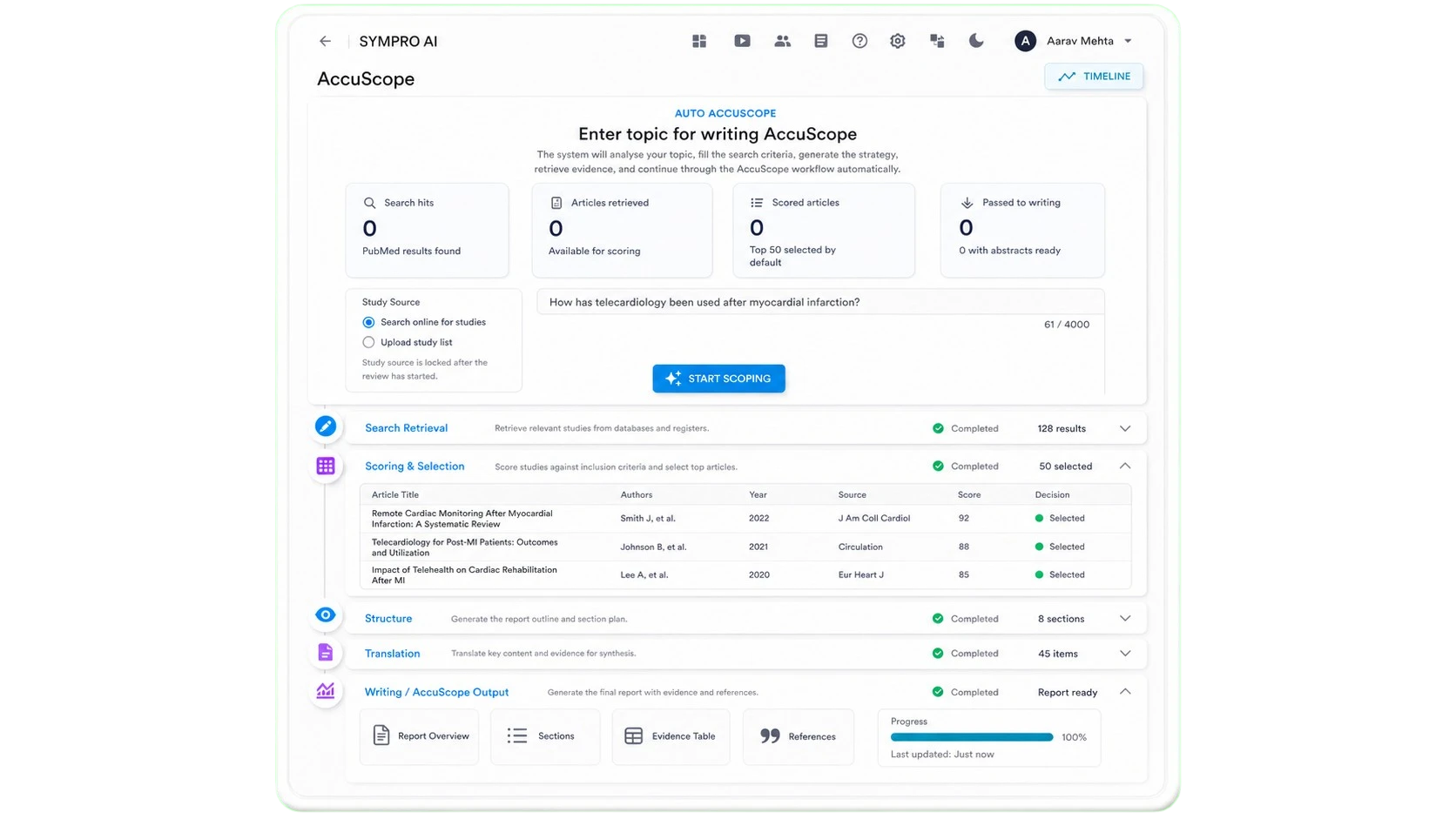AccuScope product visual showing a guided scoping review workflow