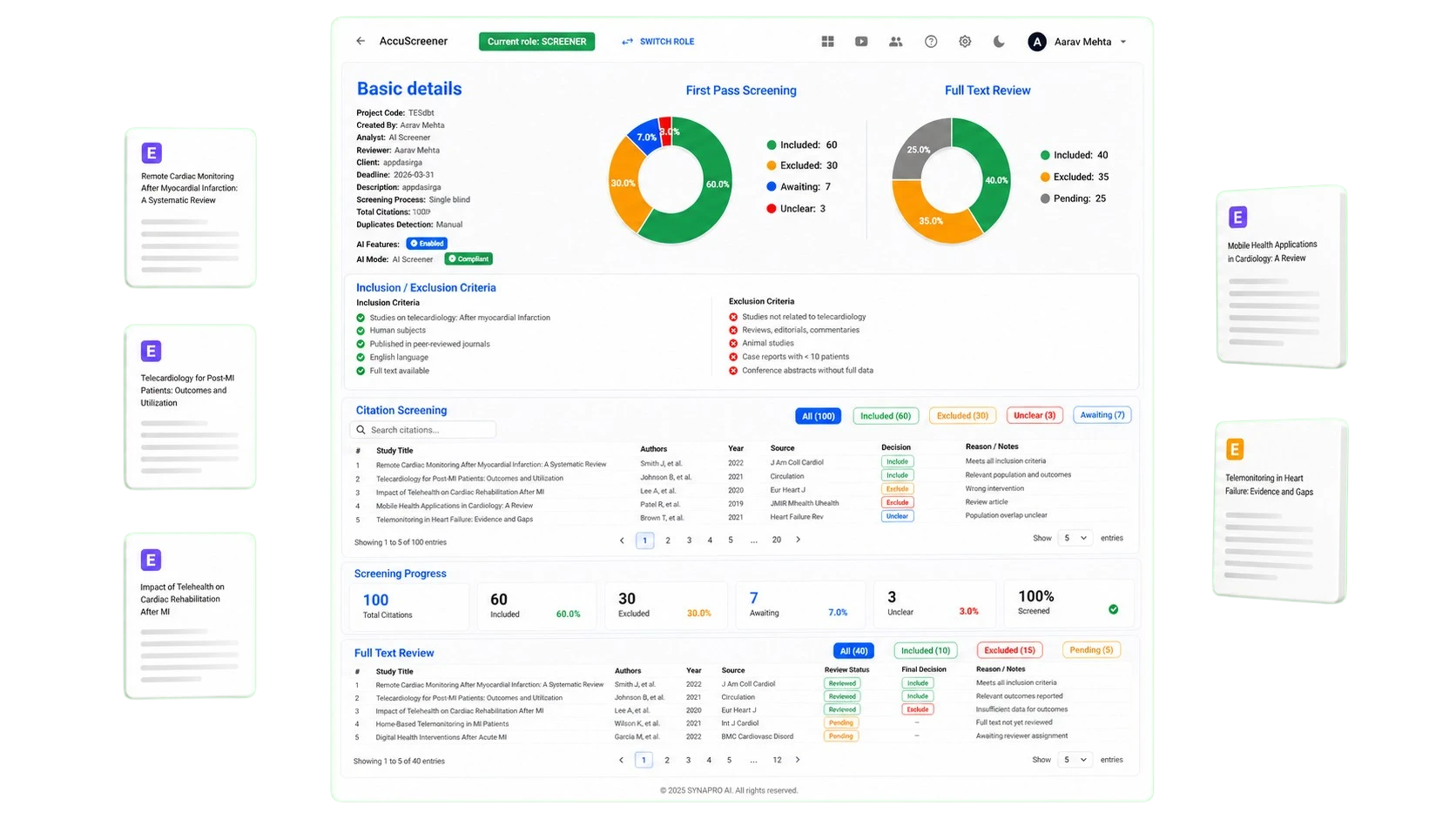 AccuScreener product visual showing systematic review screening and decision workflows