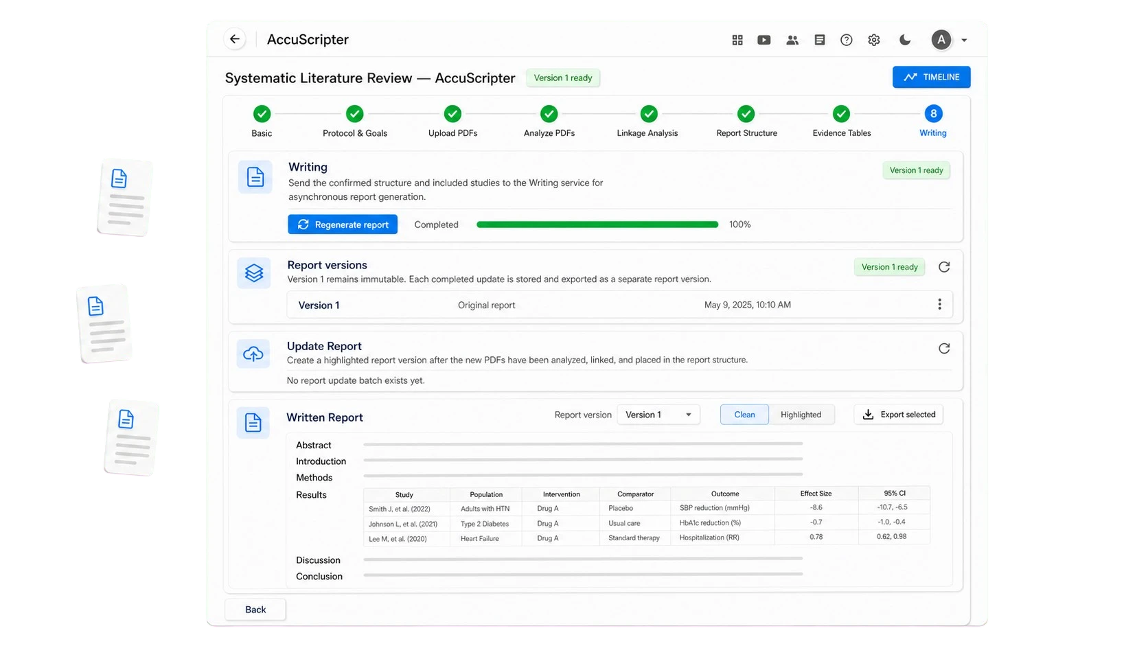 AccuScripter product visual showing structured report writing and evidence review