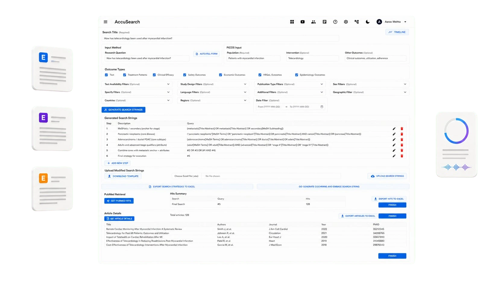 AccuSearch product visual showing literature search strategy development and review