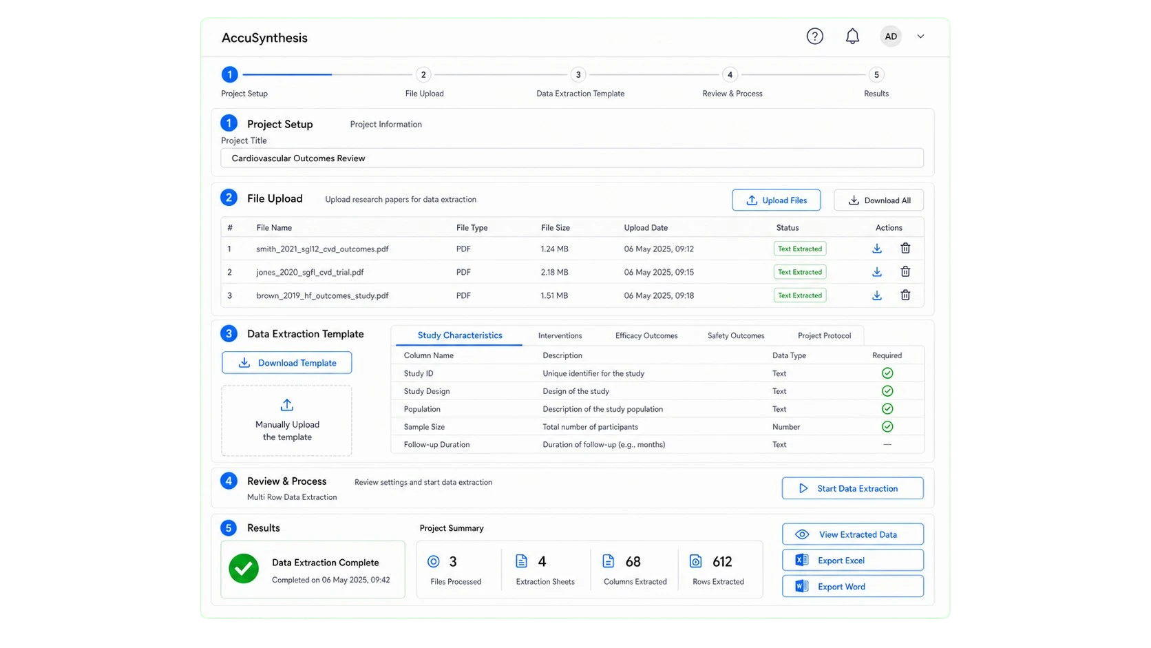 AccuSynthesis product visual showing document upload, extraction templates, and evidence tables
