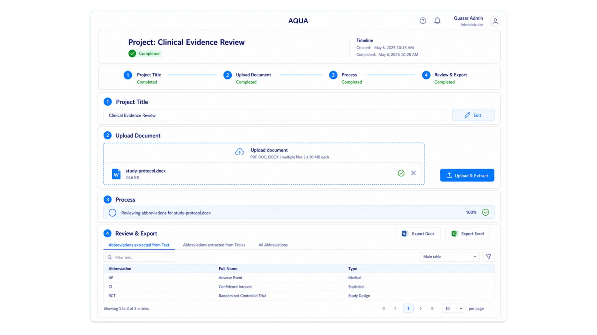 AQUA product visual showing abbreviation extraction and review workflows
