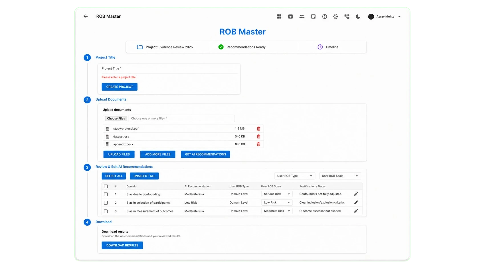 RoB Master product visual showing risk-of-bias assessment setup and review outputs
